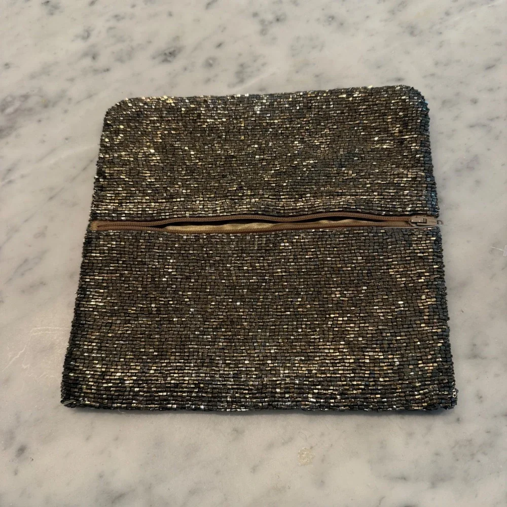 Moyna Metallic Bronze Beaded Foldover Clutch Evening Bag Zipper Closure Handbag